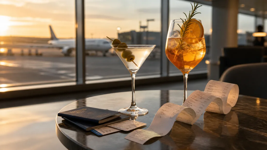 Two cocktails and a very long receipt at an airport bar